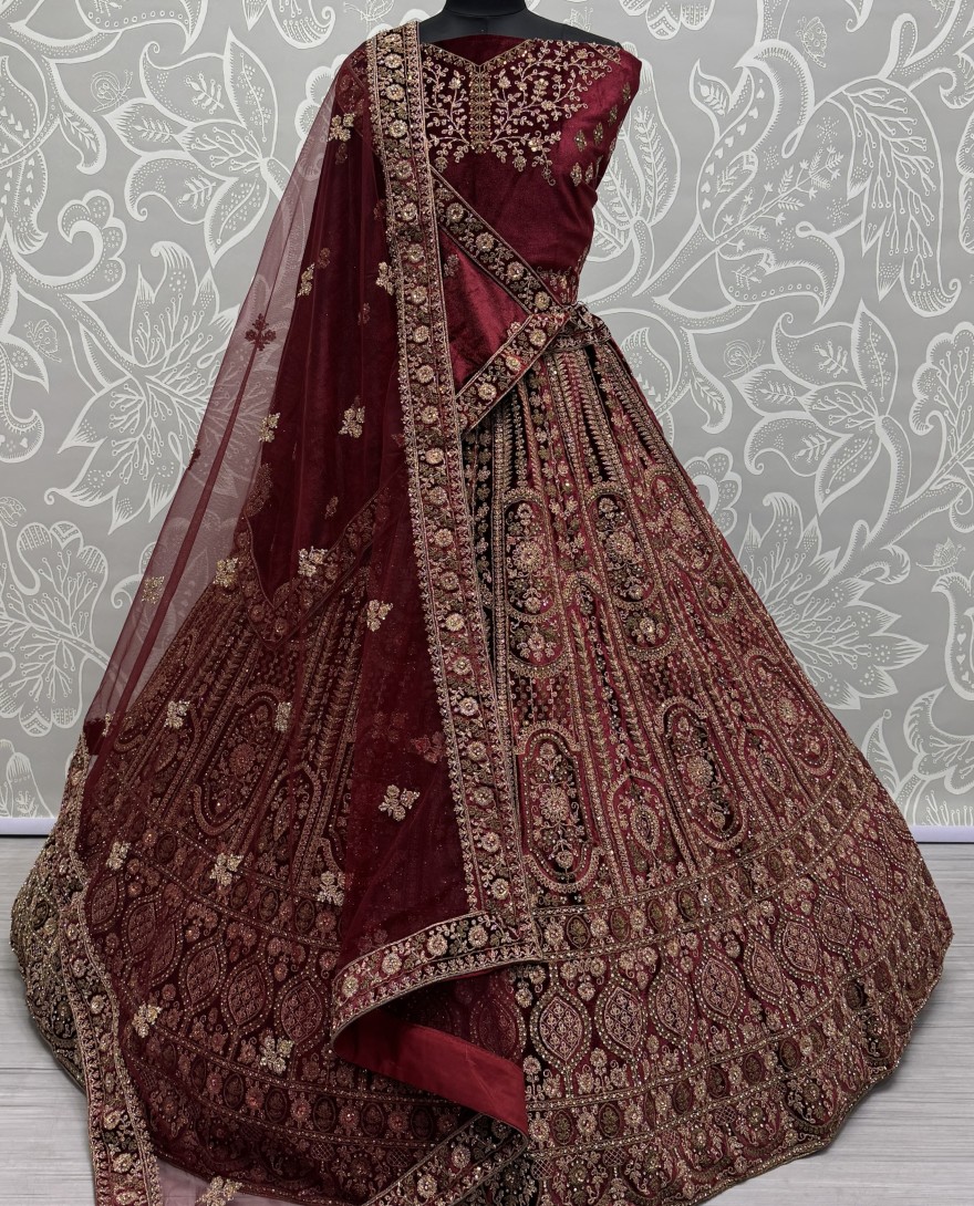 2858 - Double dupatta combine Maroon Velvet Lehenga choli in Dori work